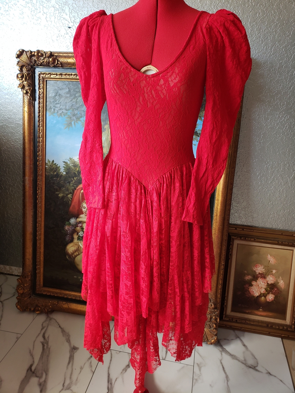 Women's Red Lace Long-Sleeve V-Neck Handkerchief Hem Dress